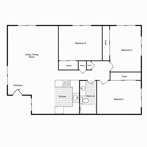 Floor plan for 3 beds, 1 bath, 1090 sqft